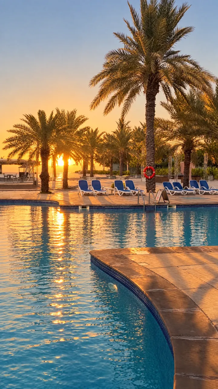 The same view at sunset, as the sun sinks behind the palms into the sea. AI-generated image.